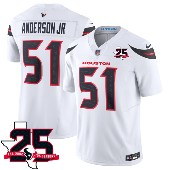 Men's White Houston Texans #51 Will Anderson Jr. 2026 25th Anniversary Patch F.U.S.E. Vapor Limited Stitched Football Jersey